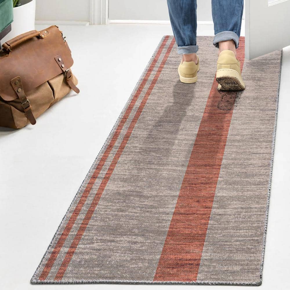 Ivory and Peach Distressed Stripe Washable Synthetic Runner Rug