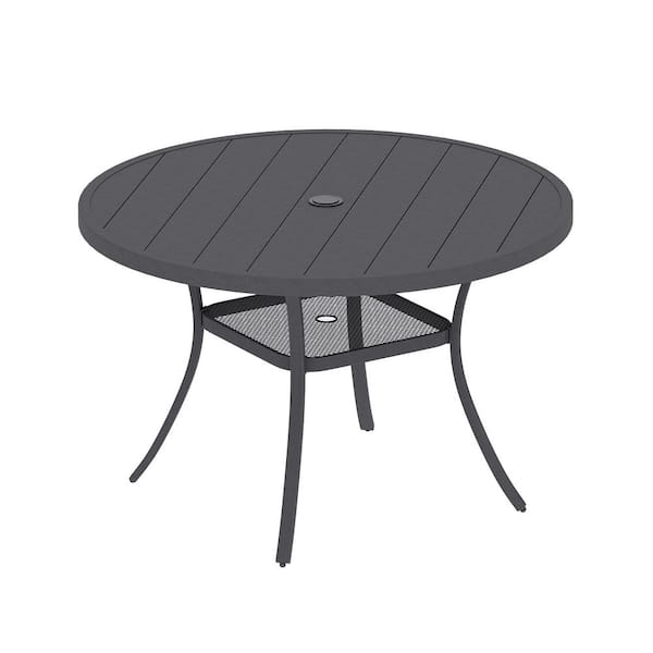 Dark Gray Metal 47 in. All Weather Round Outdoor Dining Table with 1.57 in.-1.90 in. Umbrella Hole for 6 People