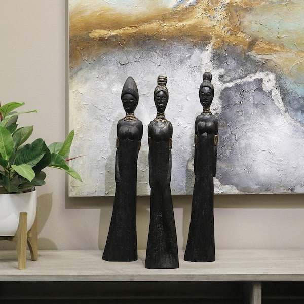 PRIVATE BRAND UNBRANDED Currata Black Brushed Mango Wood Tall Lady Trio Wood Sculpture (Set of 3)
