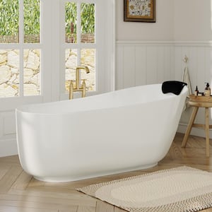 66.93 in. x 31.5 in. Stone Resin Solid Surface Freestanding Soaking Bathtub with Hose, Drain and Pillow in Matte White