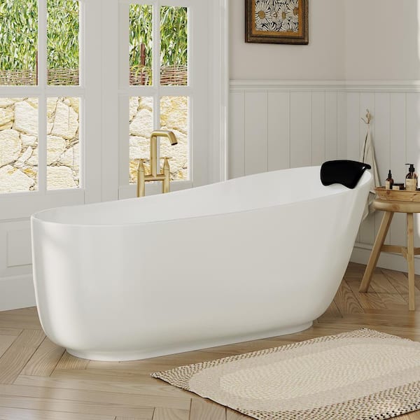 VANITYFUS 66.93 in. x 31.5 in. Stone Resin Solid Surface Freestanding Soaking Bathtub with Hose, Drain and Pillow in Matte White