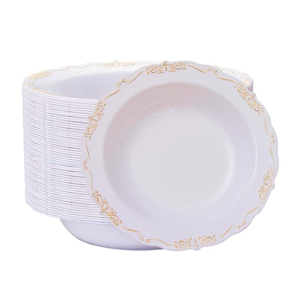 12 fl. oz. Plastic Tableware Bowls Set, Disposable Soup Bowls with Gold Relief for Parties Holidays Catering (Set of 30)