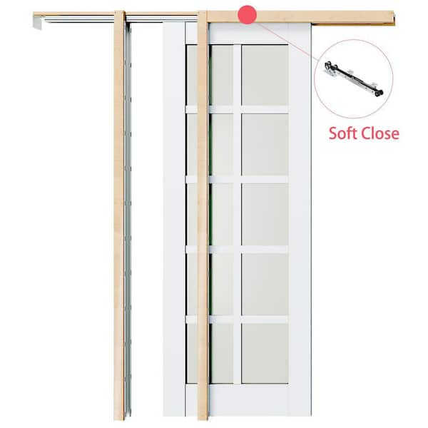 TENONER 30 in. x 80 in. White Primed Solid Wood, 10 Lite Frosted Glass, Sliding Pocket Door with Soft Close, Frame and Hardware