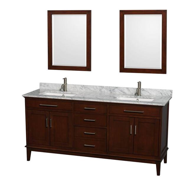 Wyndham Collection Hatton 72 in. Double Vanity in Dark Chestnut with Marble Vanity Top in Carrara White, Square Sink and Mirrors