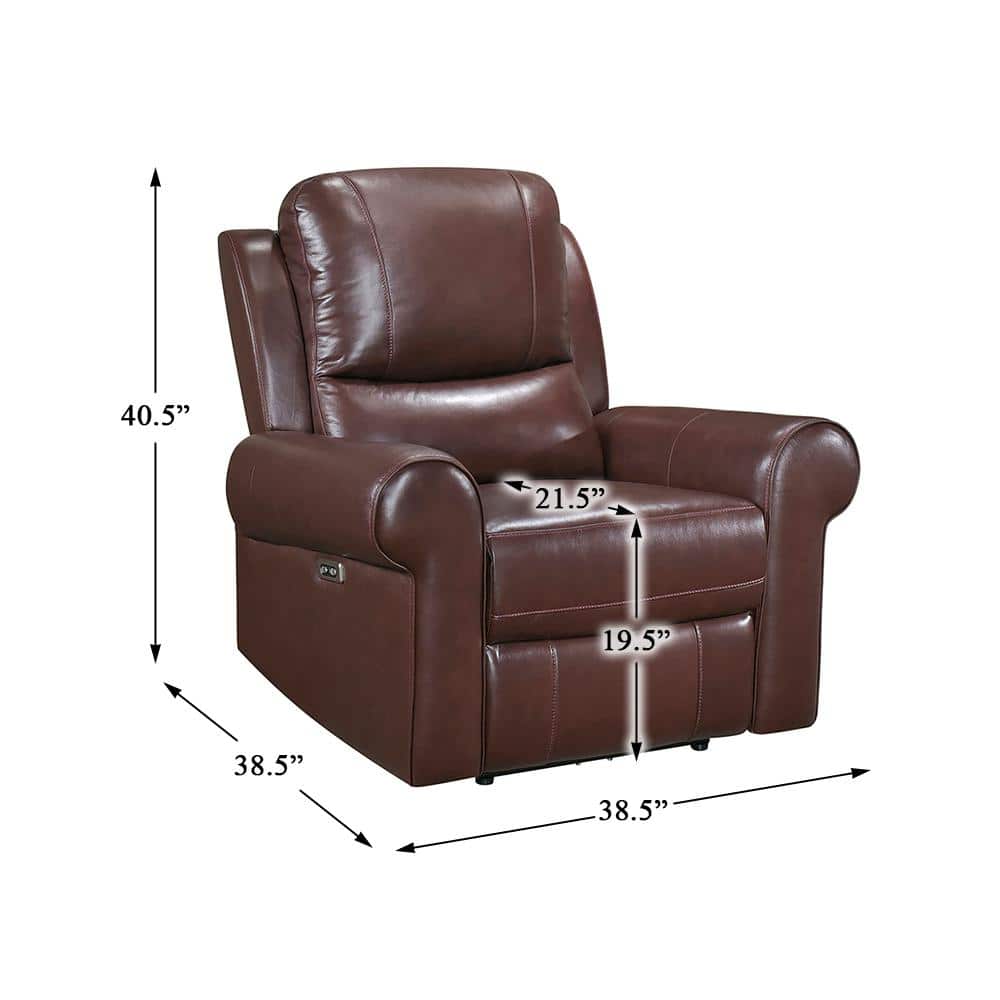 Brown Leather Power Recliner with Wood Frame and USB Port