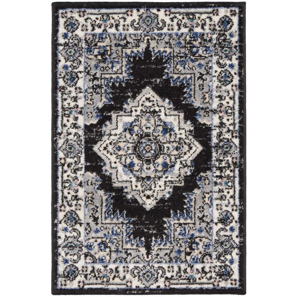 Passion Floral Black and Ivory Easy-Care Area Rug