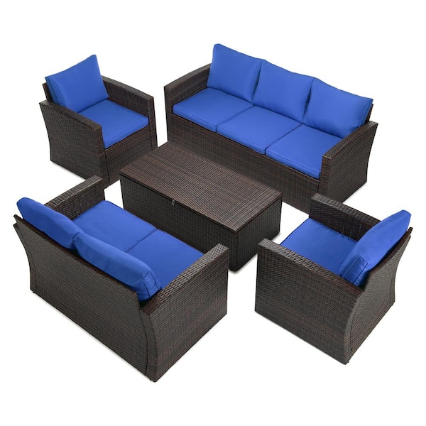 Boyel Living 5-Piece Brown Wicker Outdoor Patio Conversation Furniture Set with Blue Cushions