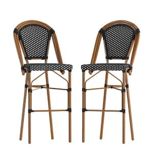 46 in. Black/White/Natural Mid-Back Metal Bar Stool with Rattan Seat (Set of 2)