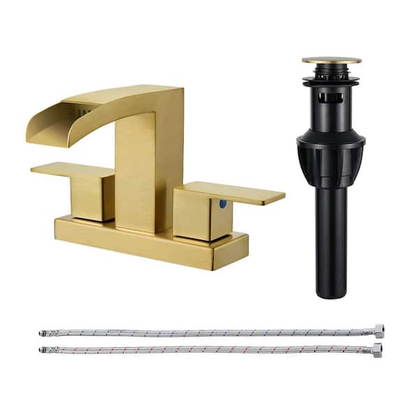 Waterfall Spout 304 Stainless Steel 4 in. Centerset Double Handle Bathroom Faucet with Drain Kit Included in Gold