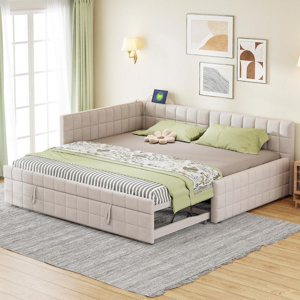 L-Shaped Beige Full Size Velvet Upholstered Daybed with Twin Size Pop Up Trundle, USB Ports