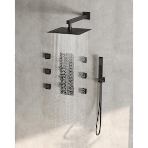 7-Spray Patterns Thermostatic 12 in. Wall Mount Rain Dual Shower Heads with 6-Jet 2.5GPM in Matte Black (Valve Included)