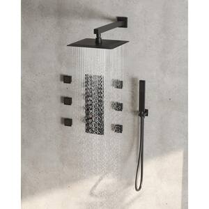 7-Spray Patterns Thermostatic 12 in. Wall Mount Rain Dual Shower Heads with 6-Jet in Matte Black (Valve Included)