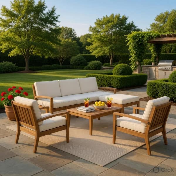 2-Piece Brown Acacia Wood Patio Conversation Set Outdoor L Shape Sofa and Coffee Table with Beige Cushions