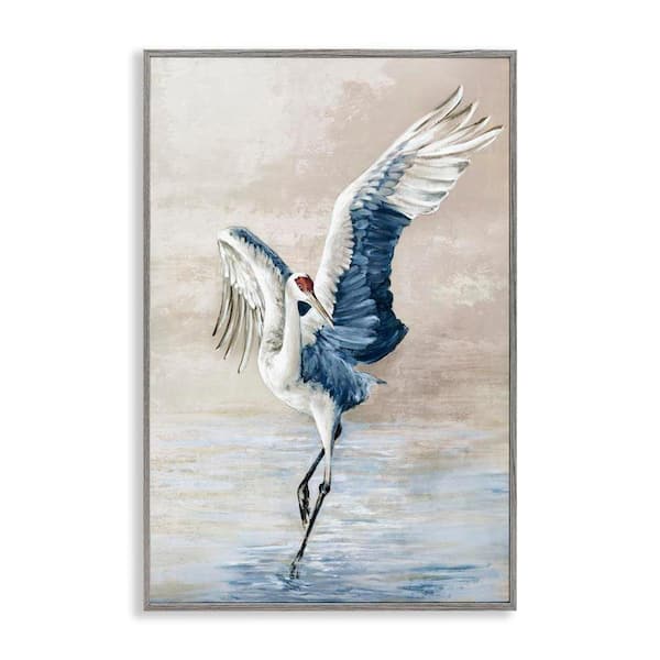 Dancing Crane on Shore by Eli Jones Gray Framed Animal Giclee Art Print 30 in. x 20 in.