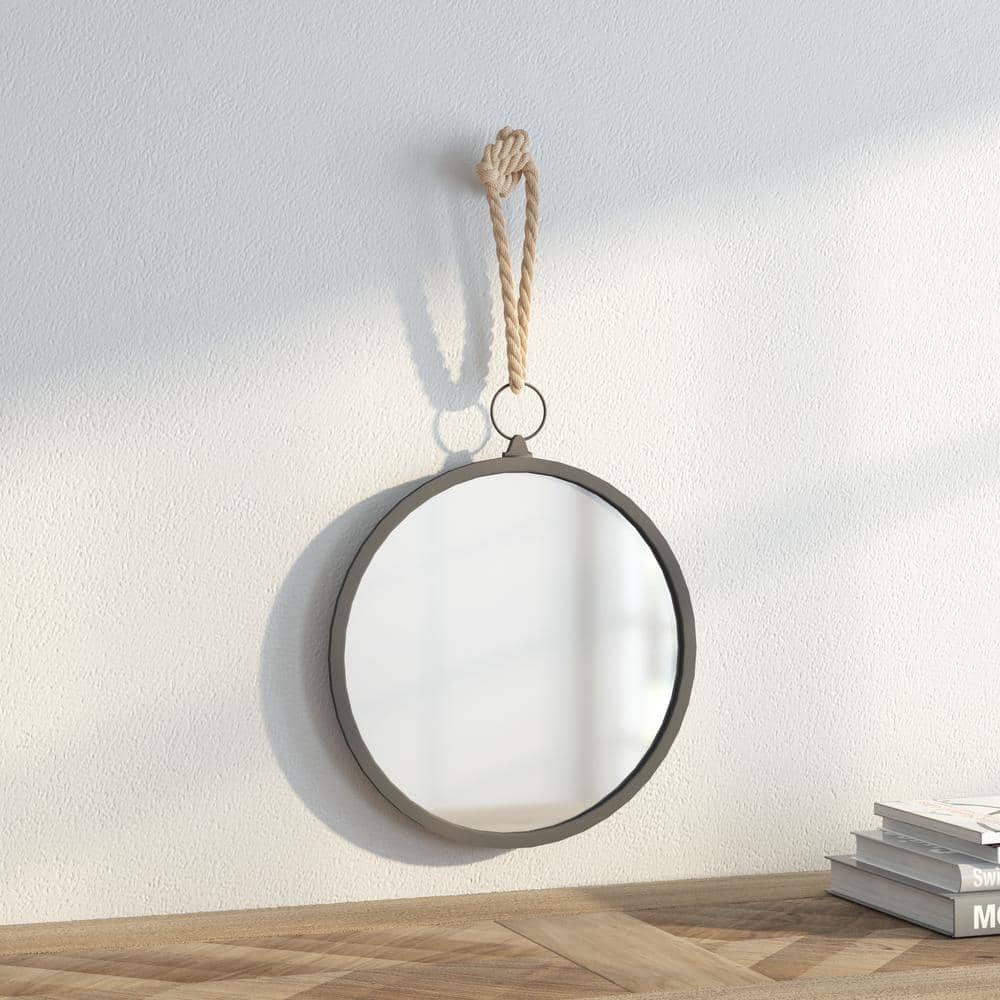 Nautical Charm Round 13" Silver and Wood Wall Mirror with Rope