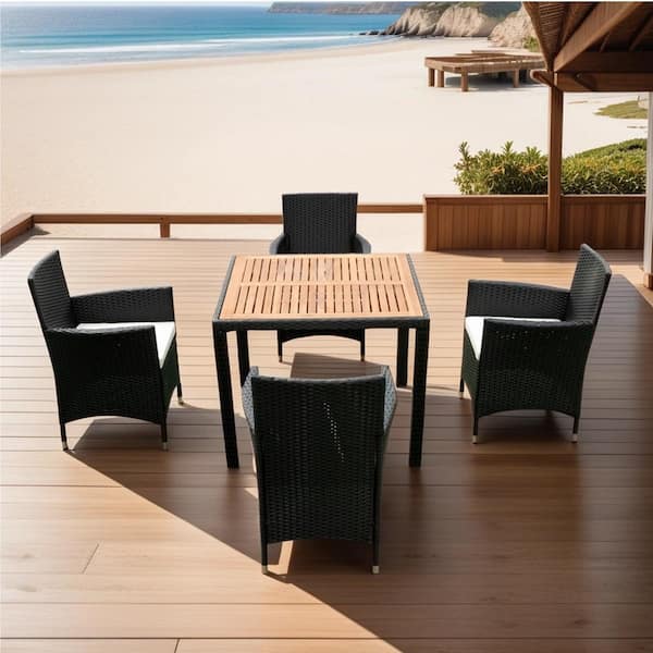 Harper & Bright Designs 5-Piece Black Wicker Outdoor Dining Set with Acacia Wood Tabletop and Cream Cushion