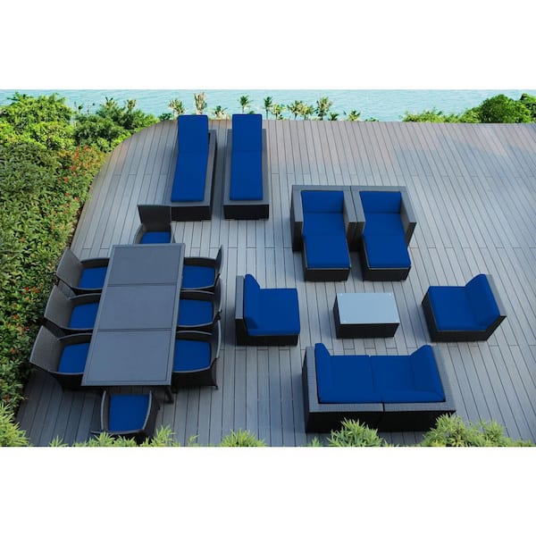 Ohana Depot Black 20-Piece Wicker Patio Combo Conversation Set with Sunbrella Pacific Blue Cushions
