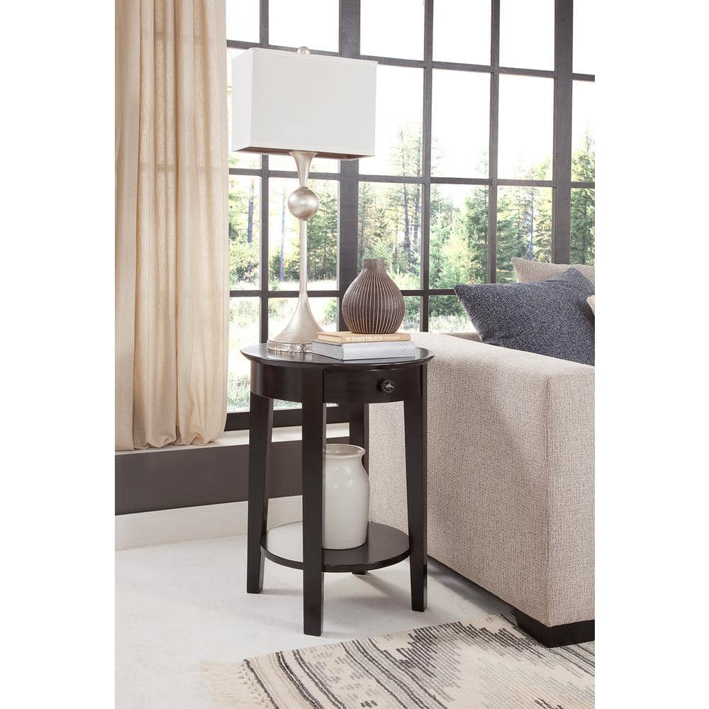 Black Round Wood Accent Table with Storage Drawer