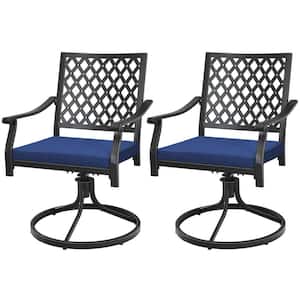 Metal Outdoor Patio 360° Swivel Dining Chair With Rocker and Navy Cushioned Armrest (2-Pack)