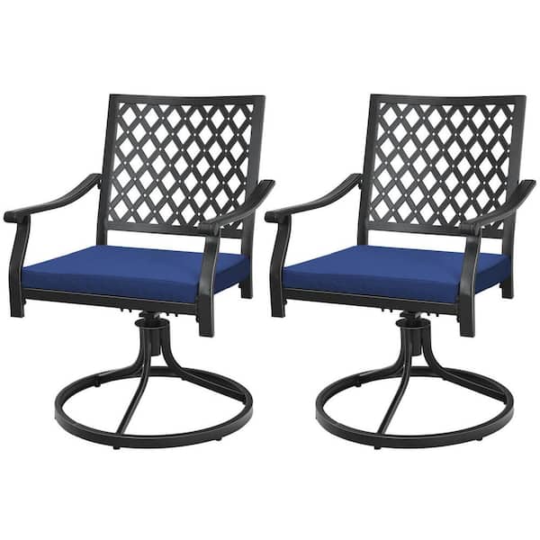 ANGELES HOME Metal Outdoor Patio 360° Swivel Dining Chair With Rocker and Navy Cushioned Armrest (2-Pack)
