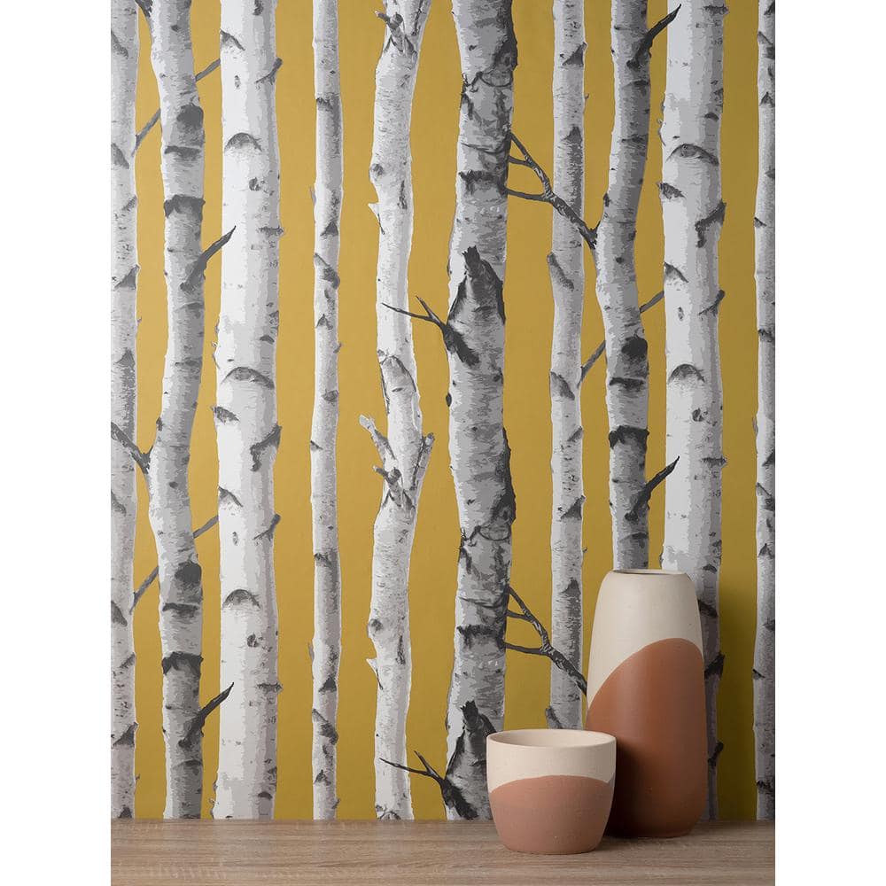 Mustard Yellow Birch Trees Non-pasted Washable Wallpaper