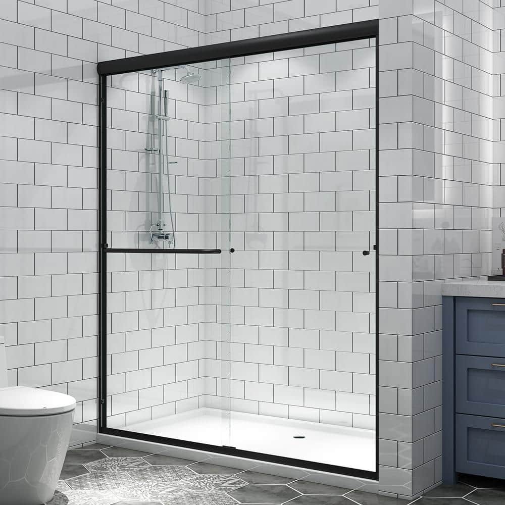 60 in. W x 70 in. H Sliding Framed Shower Door in Matte Black with Clear Gl