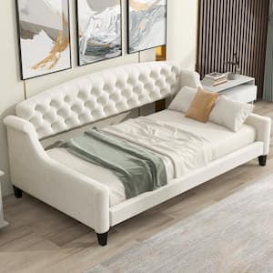 Button-Tufted Beige Wood Frame Twin Size Velvet Upholstered Daybed
