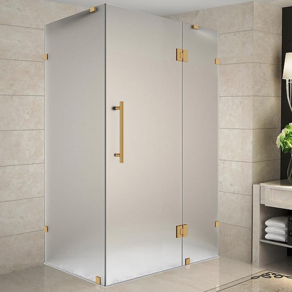 Aston Avalux 43 in. x 36 in. x 72 in. Rectangular Pivot Frameless Corner Shower Enclosure in Brushed Gold with Frosted Glass