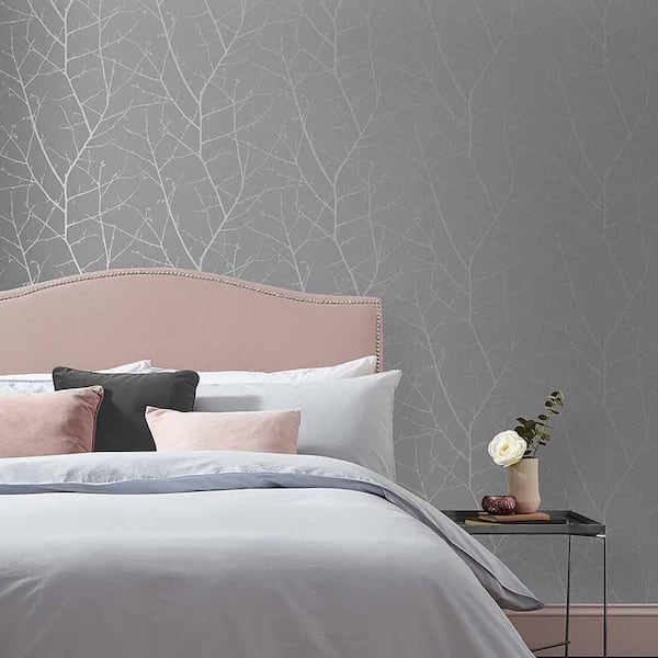 Boreas Deep Grey and Silver Trees Trail Paste the Wall Wallpaper