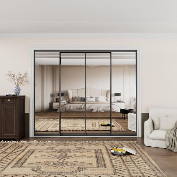 96 in. x 80 in. 1-Lite Black Mirrored Glass and Aluminum Frame Finished Closet Sliding Door with Hardware Kit