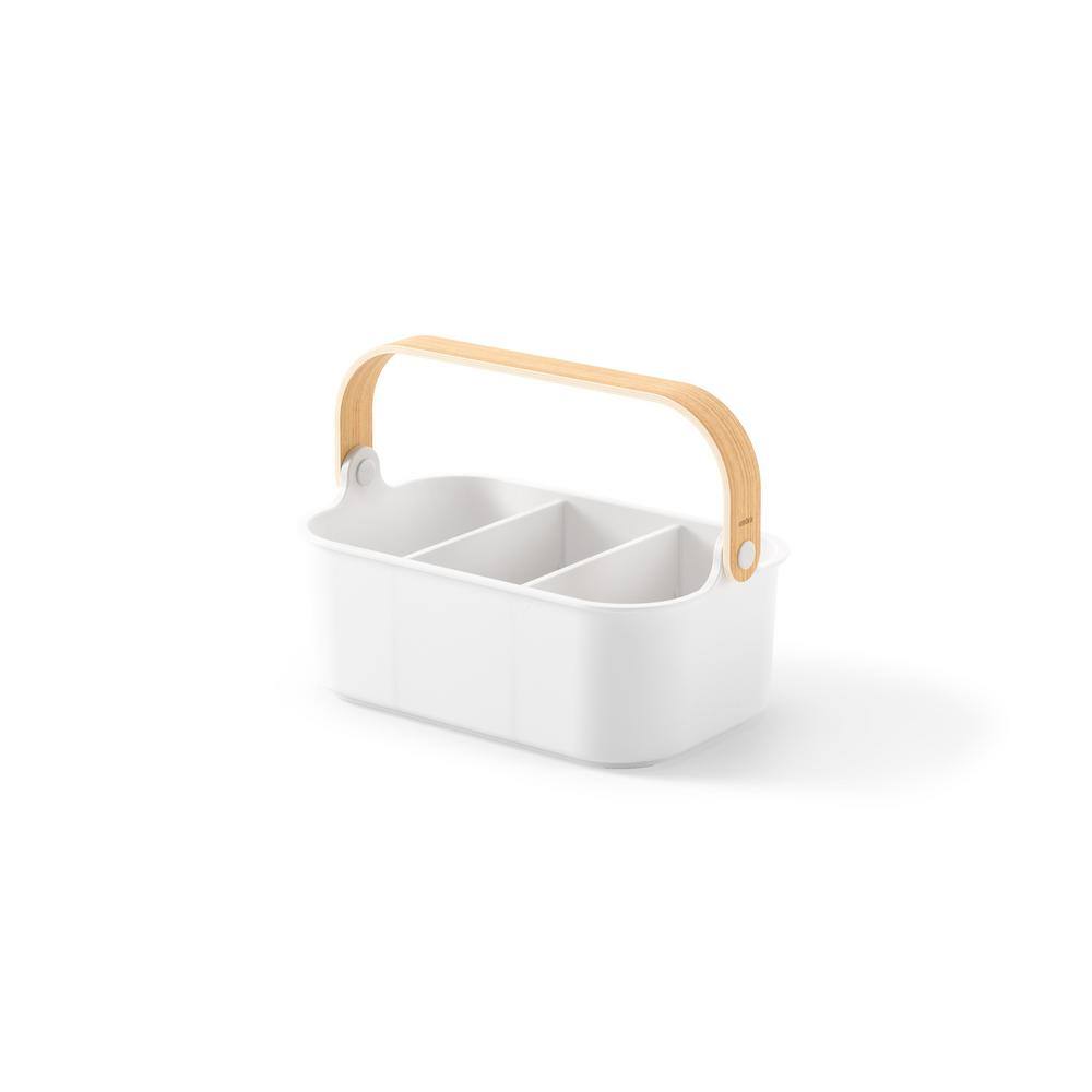 White and Natural Stackable Plastic Organizer Bin with Handle