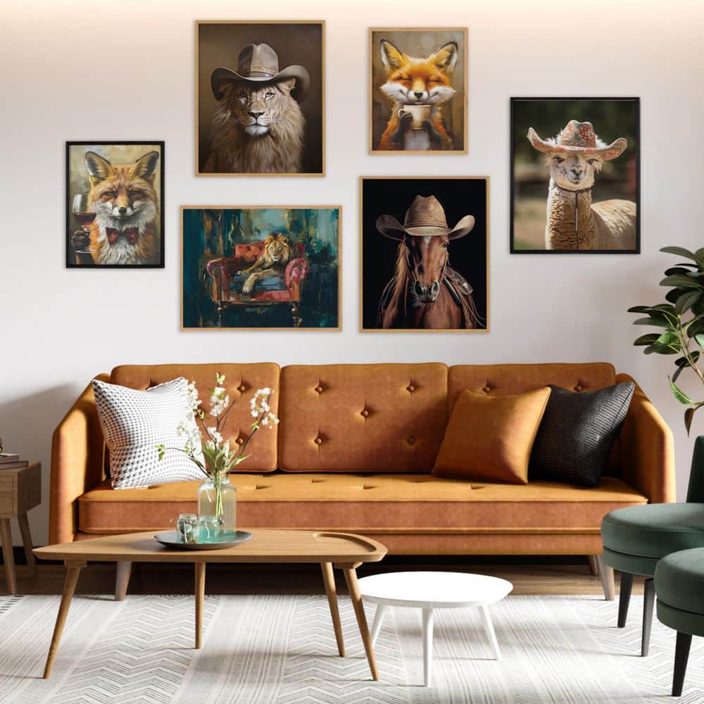 Majestic Lion Portrait in Rich Jewel Tones with Natural Wood Frame