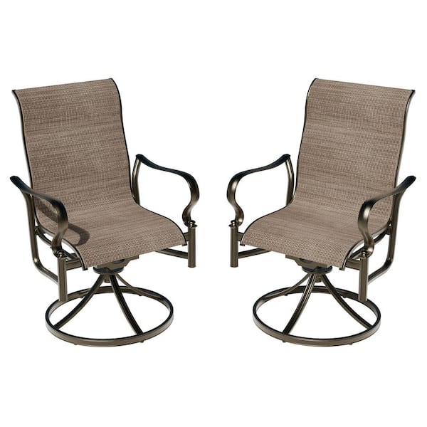 Brown Cast Aluminum Swivel Rocking Outdoor Dining Chair with Textilene Seat and High Backrest (Set of 2)