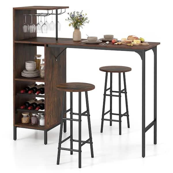 3 Pieces Bar Table and Chairs Set Industrial Pub Table and Stools with Bottle Wine Rack Brown