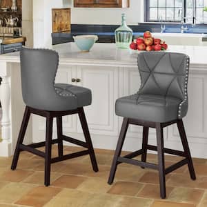 Hampton 26 in. Dark Gray Solid Wood Frame Counter Stool with Back Faux Leather Upholstered Swivel Bar Stool Set of 2