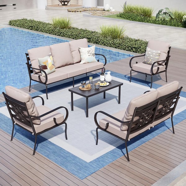 PHI VILLA 7 Seat 5-Piece Steel Black Metal Outdoor Patio Conversation Set with Beige Cushions, Table with Stripe-Shaped Top