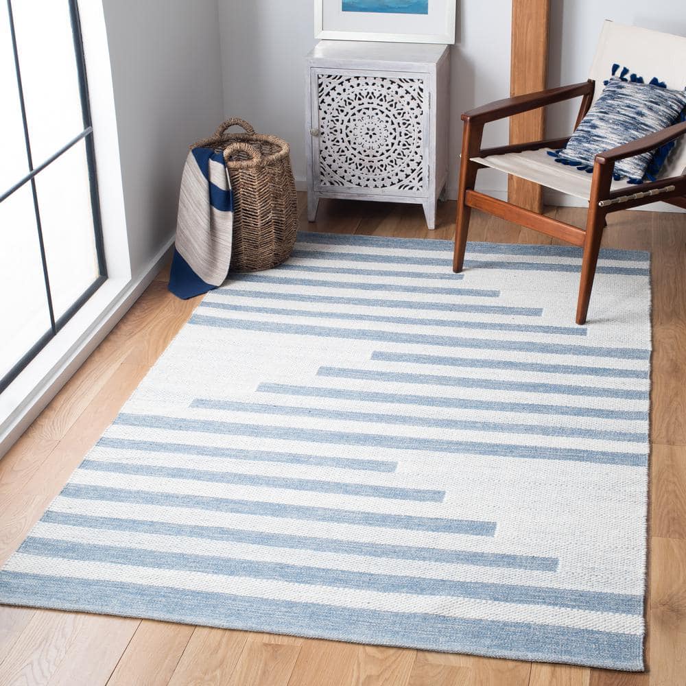 Ivory and Blue Handwoven Kilim Square Wool Rug - 7' x 7'