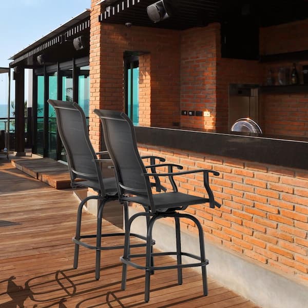 Unbranded Swivel Metal Outdoor Bar Stools with Armrests Set of 2 Bar Height Steel Frame Patio Chairs for Balcony Poolside Black