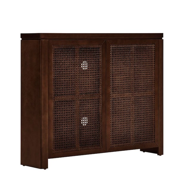 Garnet Mid Century Modern Walnut Wood Buffet Sideboard Cabinet with 2 Rattan Doors, 2 Outlet Holes