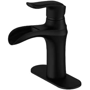 Waterfall Single Hole Single-Handle Low-Arc Bathroom Faucet With Deck Plate in Matte Black