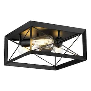 13 in. 3-lights Vintage Cage Style Matte Black Flush Mount with No Bulbs Included