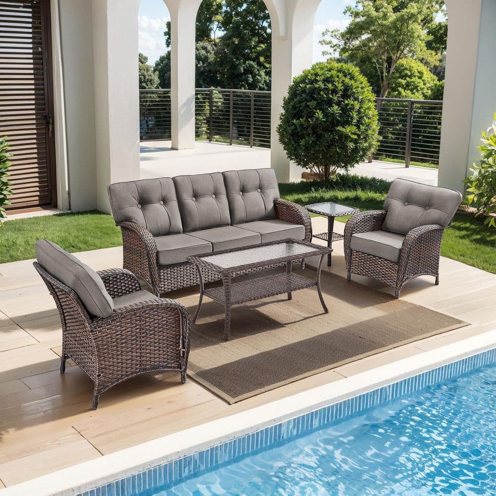 Brynn Brown 5-Piece Wicker Outdoor Patio Conversation Seating Set with Lounge Chairs with Gray Cushions price history on PriceWatchPro