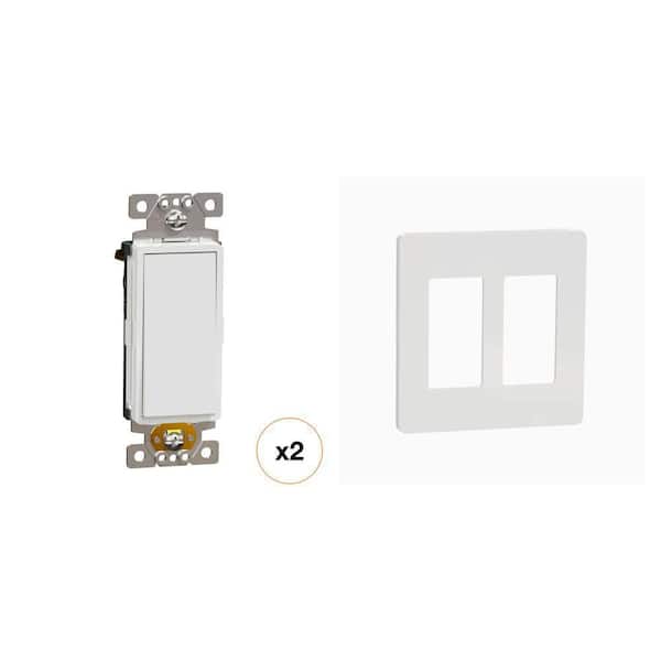 X Series Matte White 2-Gang Screwless Wall Plate and 15 Amp Single-Pole Rocker Light Switch Combo