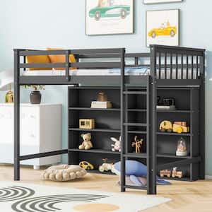 Gray Wood Frame Twin Size Loft Bed with 8-Open Storage Shelves and Built-in Ladder