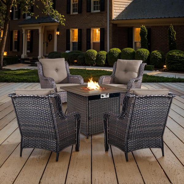 Brown 5-Piece Wicker Patio Fire Pit Set, Outdoor 4-Person Seating Set with Olefin Gray Cushions and Armchairs