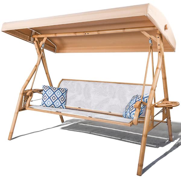 3-Person Metal Patio Swing with Adjustable Canopy and Cup Holders, Textilene Fabric Outdoor Swing Chair