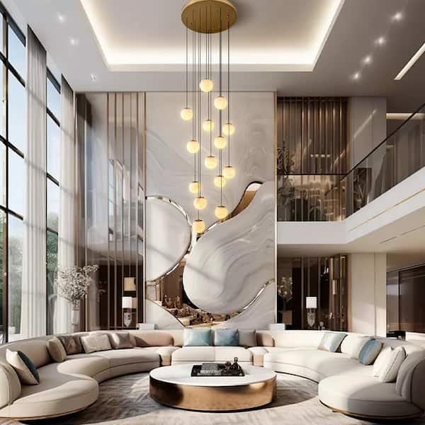 Modern 138 in. H 14-Light Gold Globe Staircase Chandelier, Natural Alabaster Chandelier for High Ceiling, Foyer, Entry