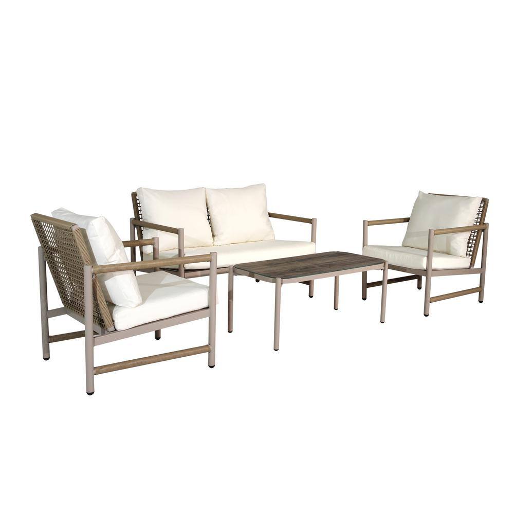 4 Pieces Natural PE Rattan Wicker Steel Patio Outdoor Sofa Sectional Set wi
