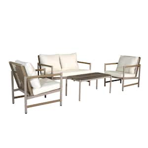 4 Pieces Natural PE Rattan Wicker Steel Patio Outdoor Sofa Sectional Set with White Cushion and Tempered Glass Tabletop