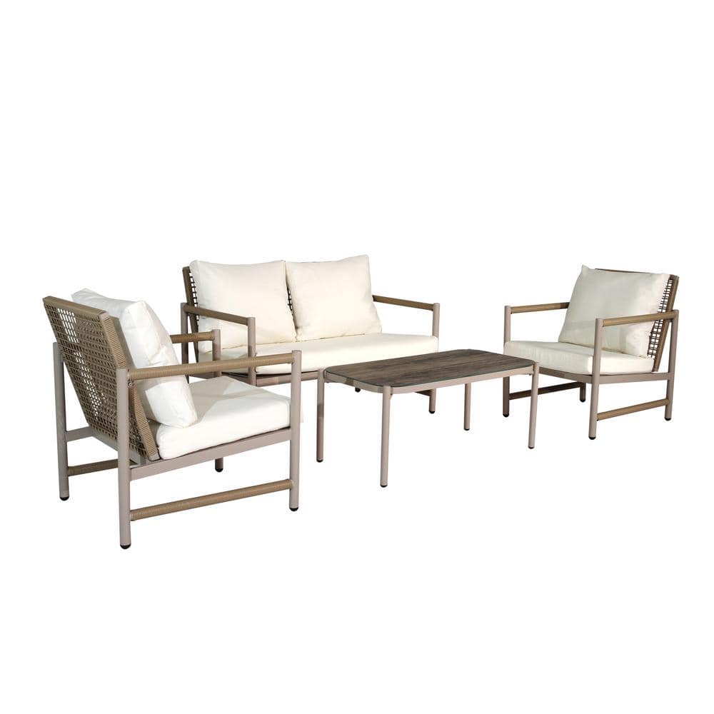 4-Piece Natural PE Rattan Wicker Outdoor Sectional Sofa Set with White Wash